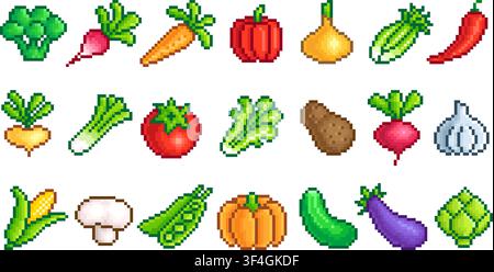 Pixel art vegetables. Fresh farming pixelated veggies, agriculture, farm arcade game 8 bit elements. Tomato, pepper, onion, pumpkin, potato, tidy Stock Vector