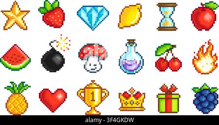 Pixel game colorful icons. Pixelated art different elements, 8 bit arcade symbols. Mushroom, bomb, golden star and trophy, timer and diamond, tidy Stock Vector
