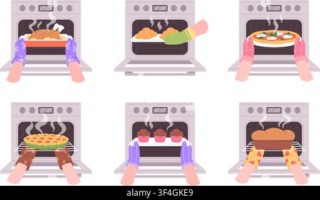 Hands cooking in gloves. Chefs take various dishes out of ovens. Delicious homemade food, baked goods, pizza. Housewives baking pie, muffins, racy Stock Vector