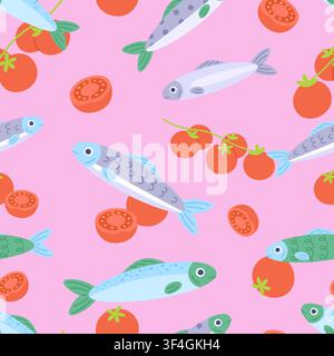 Sardines and tomato seamless pattern. Trendy fashion sardine background, sicilian italian cuisine vibe. Tasty fish and vegetables on pink, vector Stock Vector