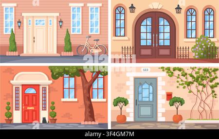 House entrance exterior. Home building front wooden door window, plant street lamp brick wall outside entry porch outdoor apartment cartoon background set neat vector illustration original artwork Stock Vector