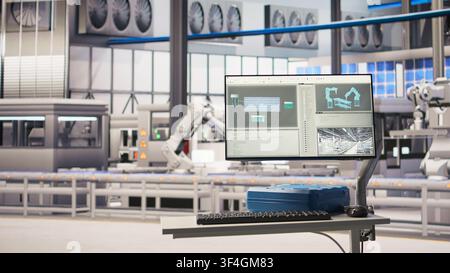 Monitor in industry 4.0 smart industrial plant equipped with advanced sensors used to check production equipment performance. Robotics software on screen in smart factory used to collect data Stock Photo