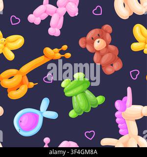 Balloon animal pattern. Child birthday party seamless texture, balloons animals funny background cute dog shape inflatable sculpture fun frog bear cartoon neat vector illustration original artwork Stock Vector