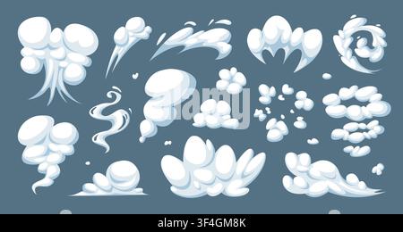 Cartoon smoke. Cloud dust explosion steam wind puff, comic boom blast burst fire energy speed motion gas vapor fog air trail smog blow flow fume set qualitative vector illustration original artwork Stock Vector