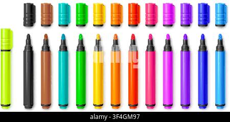 Felt pen. Realistic marker color tip pens, school draw education tools neon colorful pencil highlighter permanent mark stationary supplies 3d isolated garish vector illustration original artwork Stock Vector