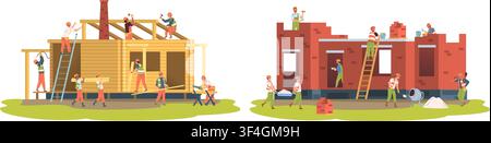Builders building home. Worker construction site, house brick wood ladder helmet frame power tool equipment team builder people roof window flat set, classy vector illustration original artwork Stock Vector