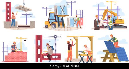 Builders work scenes. Construction site, builder worker carpenter bricklayer hardhat house roof woman man building contractor welding job safety helmet classy vector illustration original artwork Stock Vector