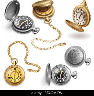 Pocket clocks realistic. Antique watch gold chain, vintage roman numeral hand time luxury round dial wrist stopwatch timer arrow hour historic model 3d garish vector illustration original artwork Stock Vector