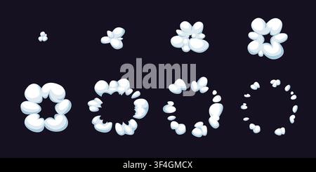 Smoke puff animation. Cloud explosion cartoon boom dust steam effect burst game action icon white bang motion frame pop speed crash move blast flash qualitative vector illustration original artwork Stock Vector