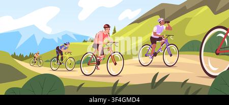 Bicycle race. Cyclist sport ride on bike mountain road athlete racer group competition peloton track rally fast motion championship biker bicycles tour classy vector illustration original artwork Stock Vector