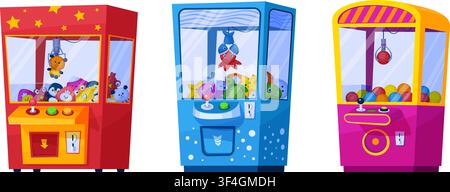 Claw machine. Grabber vending machines with crane grab toy catcher joystick handle, arcade kid game plush doll prize luck winner amusement cartoon qualitative vector illustration original artwork Stock Vector