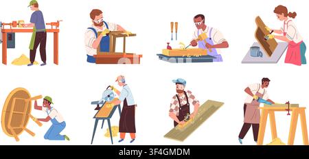 Carpenter work. Carpentry workshop, wood worker furniture hammer saw joiner craft person repair table bench building tools manual make job carve sawmill, classy vector illustration original artwork Stock Vector