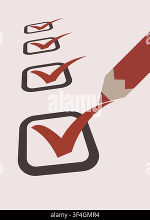 Vector illustration of checklist boxes being marked with a pencil, representing task completion, productivity, planning, project management, and to do Stock Vector