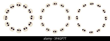 Cute skull round frames set isolated on white background. Vector illustration of spooky skull borders, skeleton head wreaths for Halloween design. Stock Vector