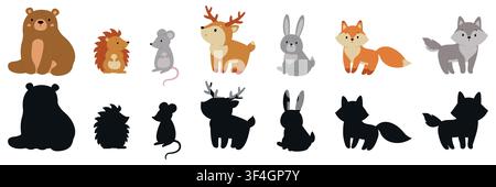 Cute forest animals with black shadow silhouettes set isolated on white background. Bear, fox, wolf, deer, rabbit, hedgehog, and mouse vector game for kids Stock Vector