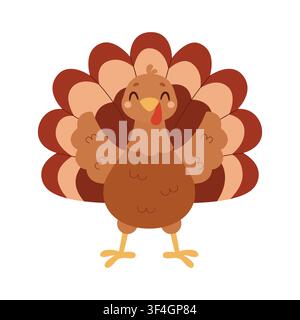 Cute cartoon turkey character isolated on white background. Happy Thanksgiving Day vector illustration of a cute bird with colorful tail feathers. Stock Vector