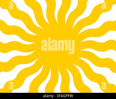Cute yellow sun shape with wavy rays. Horizontal poster with sunburst, sunshine or sunlight in trendy groovy style. Preppy summer theme background. Modern psychedelic print. Vector flat illustration. Stock Vector