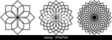 Set of simple flower icons isolated on white background. Floral spirograph shapes. Lotus, sunflower or chrysanthemum petals top view. Mandala-style design elements. Vector graphic illustration. Stock Vector