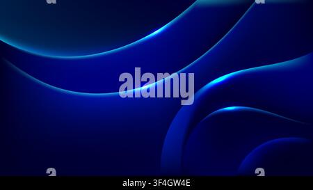 futuristic dark blue abstract background featuring glowing cyan waves and metallic layered curves in digital space for modern high tech banner and cov Stock Vector