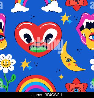 Colorful Surreal Faces Seamless Pattern Stock Vector