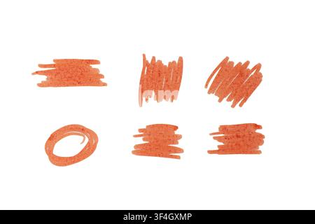 Hand drawn red marker scribbles and highlighter strokes isolated on a white background. Stock Photo