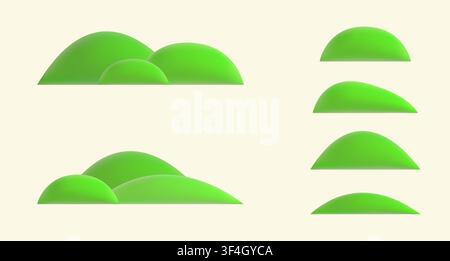 Cute 3D spring hill covered in green grass.Cartoon landscape elements and composition for childrens illustrations, nature scenes, outdoor environments Stock Vector