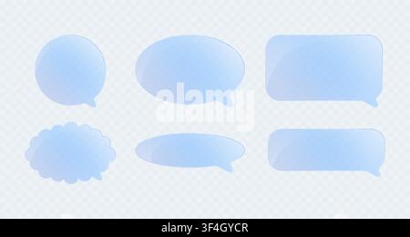 Glass chat clouds for dialog boxes. Crystal blue speech bubbles isolated on transparent background Stock Vector