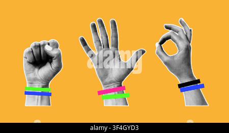 Finger gestures in halftone style. Vintage paper texture collage with hands in colorful painted bracelets with 90s-inspired aesthetic Stock Vector