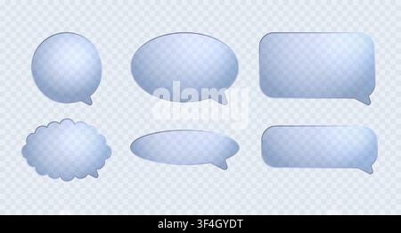 3D glass dialog clouds. Set of crystal message icons isolated on transparent background Stock Vector
