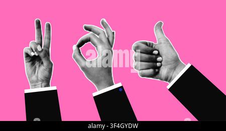 Hand gestures and peace sign in halftone style collage. Black and white images of finger signs on pink background Stock Vector