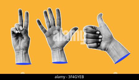 Vintage halftone collage featuring hand gestures. Icons with finger signs with grunge paper texture on yellow backdrop Stock Vector