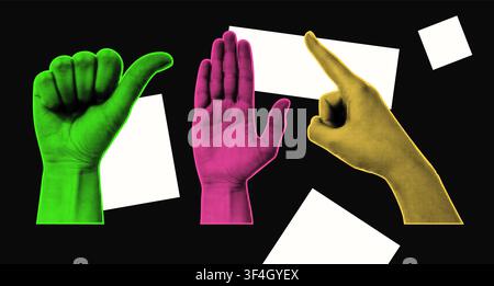Halftone finger pointing and hand signs in vintage style. Colorful collage with grunge images and white geometric elements on black backdrop Stock Vector