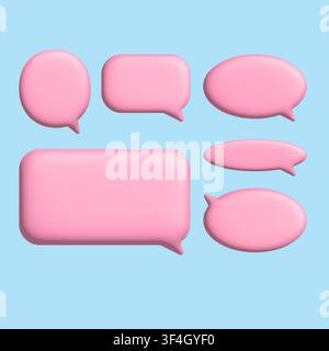 3D message clouds with Y2K aesthetic. Pink glossy speech bubbles with soft texture for digital chat platforms and talk apps Stock Vector