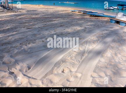 This scene shows tire tracks left on a sandy beach in the Cayman Islands Stock Photo