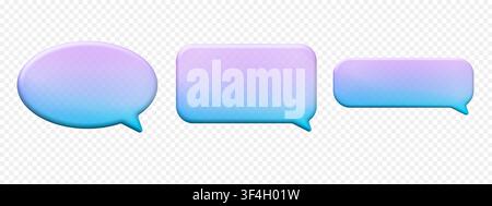 3D glass speech clouds and text boxes. Hologram semi-transparent chat icons with Y2K aesthetic Stock Vector