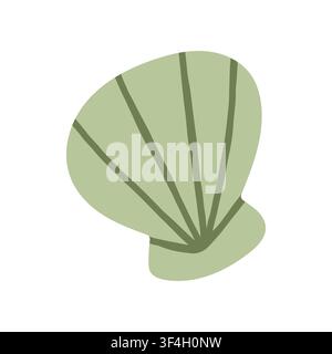 Sage green fan-shaped scallop seashell vector illustration. Flat marine ocean shell element for summer beach patterns, coastal decor, and aesthetic Stock Vector