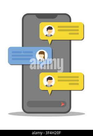 Flat vector illustration of mobile messaging app with colorful chat bubbles, user avatars, and instant communication for social networking. Stock Vector