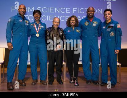 Black astronauts at the conclusion of an event to commemorate Black Space Week (BSW) 2024. From left to right are, NASA astronauts Victor Glover, Dr. Yvonne Cagle, America's first African American astronaut candidate, Ed Dwight, Joan Higginbotham (retired), Leland Melvin (retired) and Jessica Watkins. Photographed at the Oprah Winfrey Theater, Smithsonian National Museum of African American History and Culture, Washington DC, USA, on 17th June 2024. Stock Photo