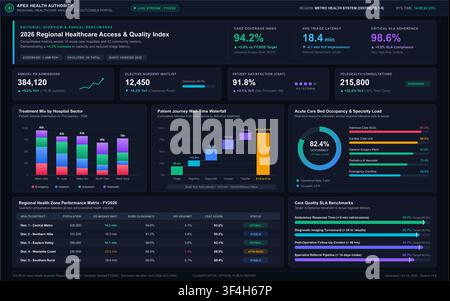 Modern dark mode medical data dashboard with colorful charts, graphs, and healthcare performance metrics. Stock Vector