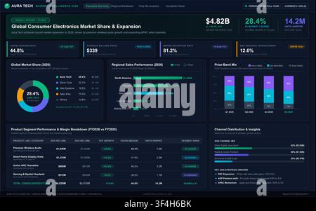 Professional dark mode business dashboard showing financial analytics, regional sales performance, and market share data. Stock Vector