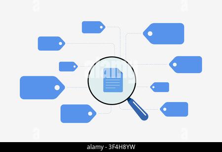 Content classification with document tagging, automated categorization, metadata organization. Search indexing, taxonomy management and labeling for business content. Flat design vector illustration. Stock Vector