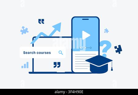 Learning management system with course search, online training, student progress tracking, educational analytics and learning content management for digital classrooms flat design vector illustration. Stock Vector