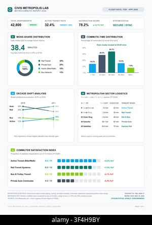 Clean vector infographic displaying metropolitan commute statistics, transit distribution, and satisfaction metrics through various charts. Stock Vector