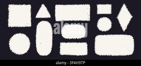 White hand drawn crayon postage stamp collection. Doodled wavy edge borders and box frames set. Playful sketched geometric shape pack for sticker, logo, collage, post card, patch, label, icon. Vector Stock Vector