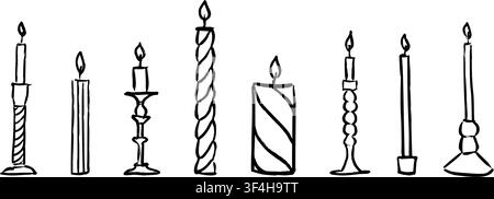 Crayon hand drawn sketched candle set. Black rough doodled burning candles collection. Scribbled candlestick and candelabra bundle for greeting card, birthday, Christmas, easter decoration. Vector Stock Vector