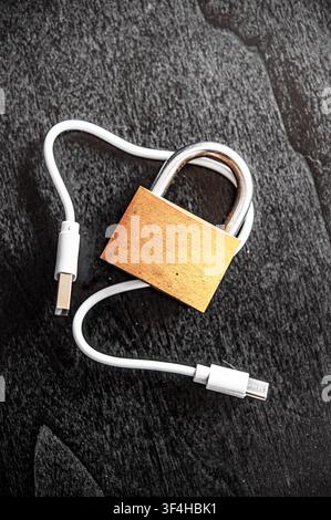 Brass padlock resting on a white USB-C cable on a dark textured surface, symbolizing cybersecurity, data privacy and secure digital access Stock Photo
