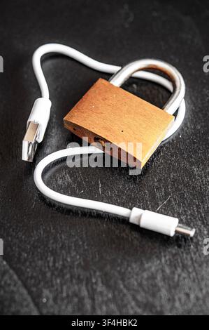 Brass padlock resting on a white USB-C cable on a dark textured surface, symbolizing cybersecurity, data privacy and secure digital access Stock Photo
