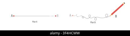 Plan B concept. Red pencil leads a drawing line from point A to point B. Easy and hard way to win business success. Vector illustration Stock Vector