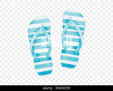 Watercolor blue striped flip flops, summer beach footwear, vacation travel icon, isolated on white vector Stock Vector