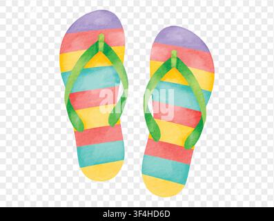 Rainbow striped flip flops in watercolor style, colorful summer beach footwear, hand-painted vacation vector. Stock Vector
